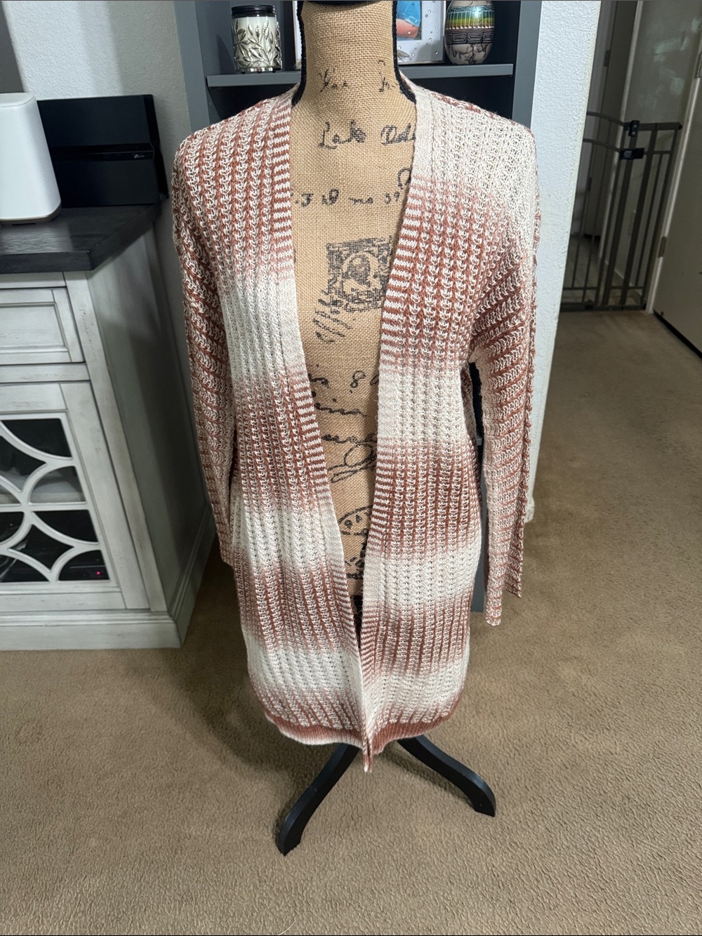 Knox Rose Open-Front Striped Cardigan in Cream & Dusty Rose